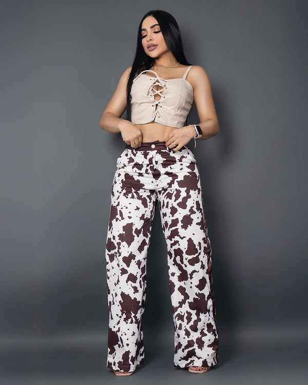 Jean bota ancha Cowprint – tiro alto estampado animal