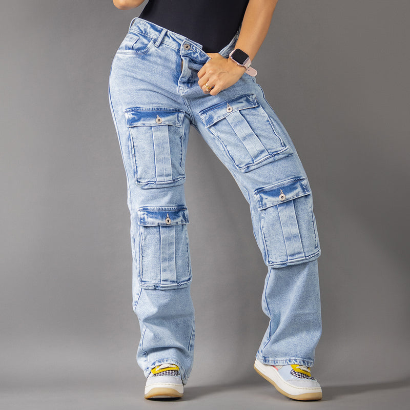 Jean Cargo Wide Leg Tiro Alto Azul Claro REF 7107