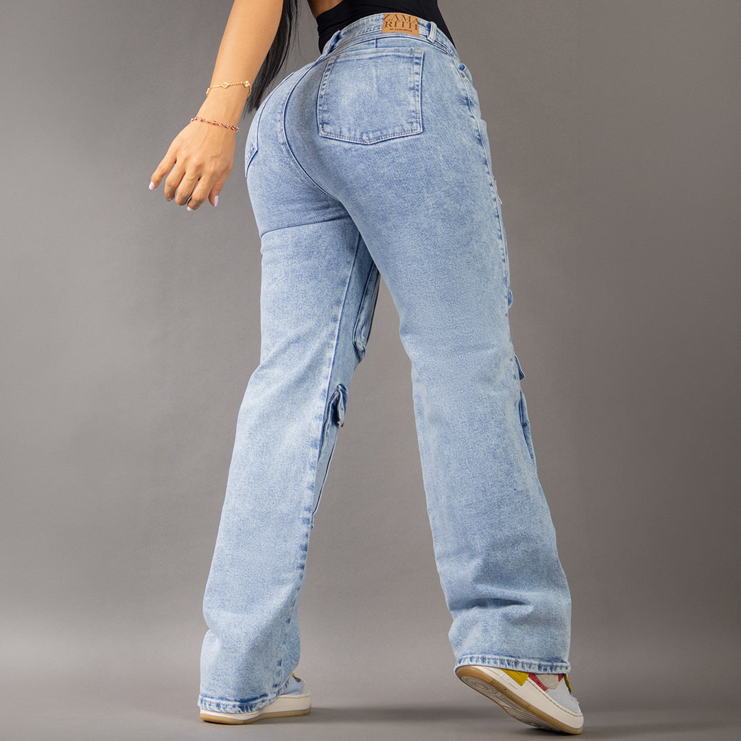 Jean Cargo Wide Leg Tiro Alto Azul Claro REF 7107