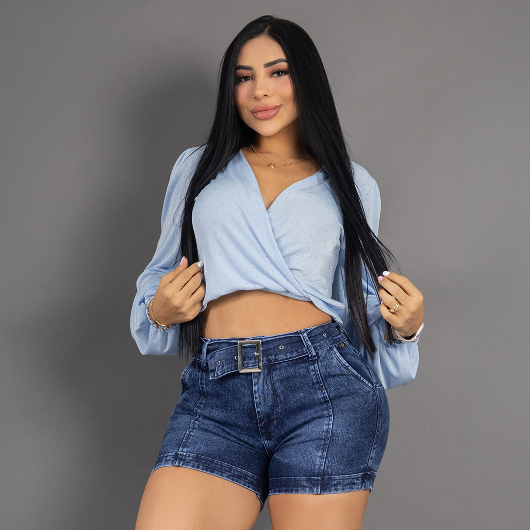 Short Jean Tiro Alto con Cinturón Azul Oscuro REF 8000