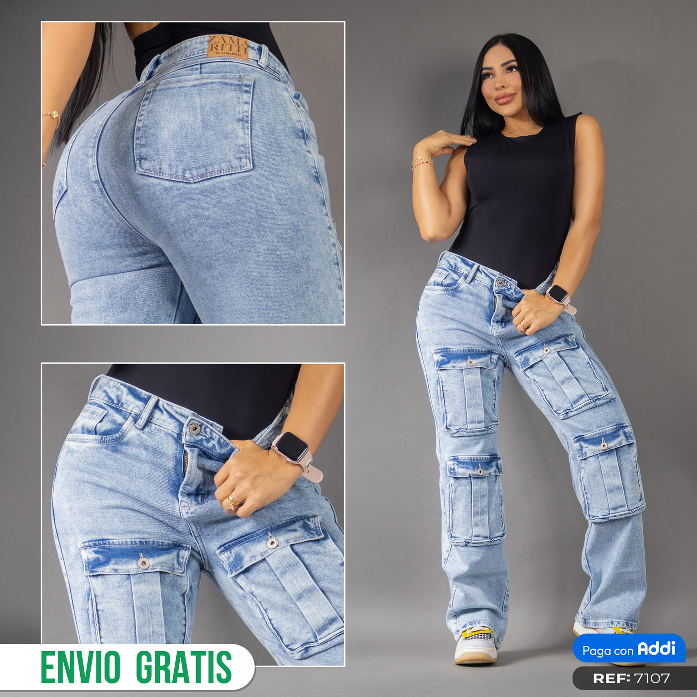 Jean Cargo Wide Leg Tiro Alto Azul Claro REF 7107