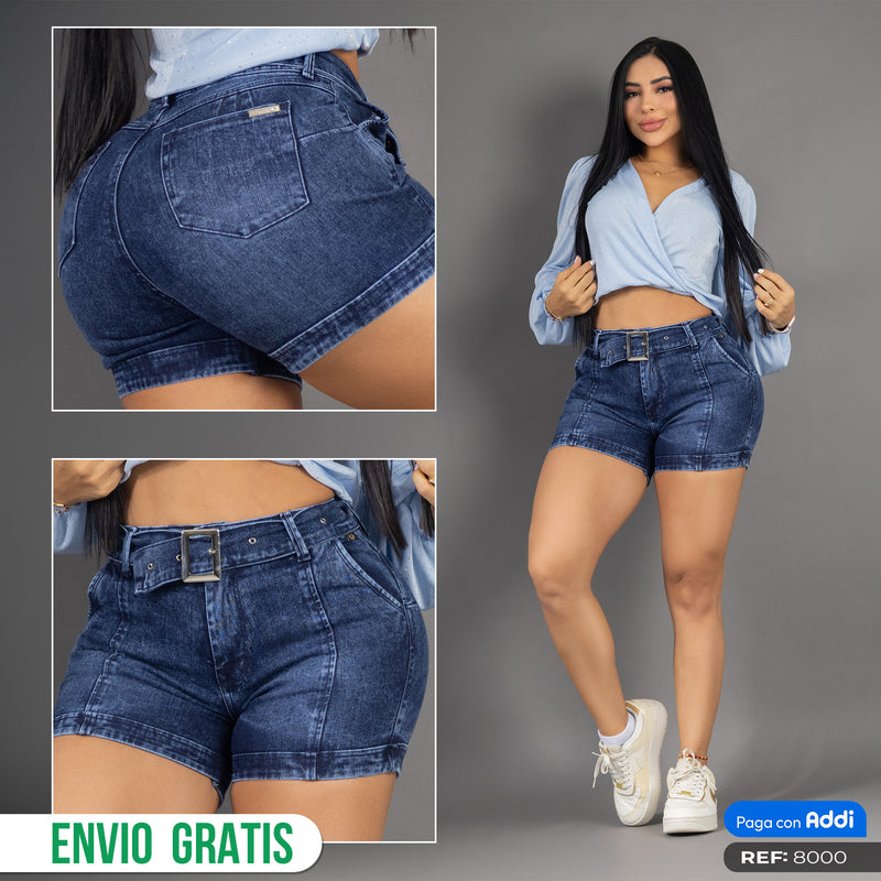 Short Jean Tiro Alto con Cinturón Azul Oscuro REF 8000