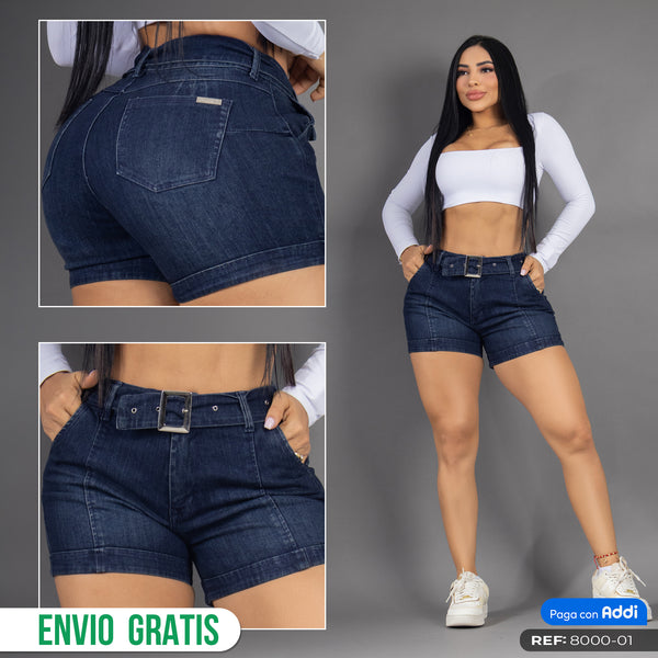 Short Jean Tiro Alto con Cinturón Azul Oscuro REF 8000-01