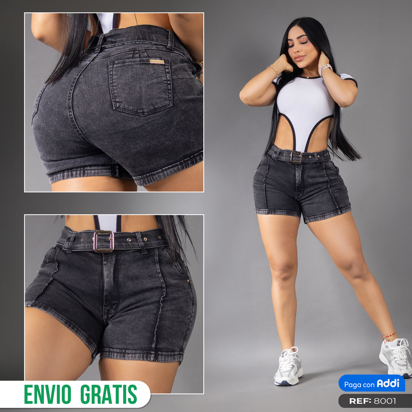 Short Jean Tiro Alto Negro con Cinturón REF 8001