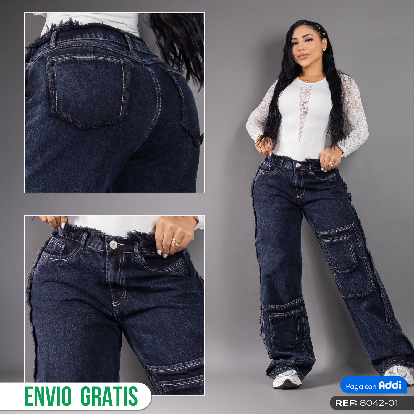 Jean Wide Leg Unravel Noir Cargo 8042-01