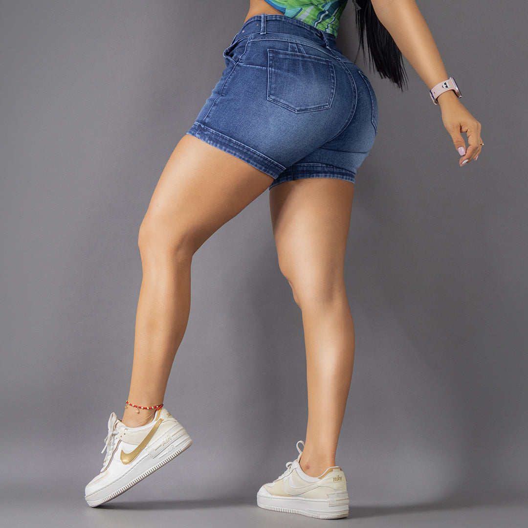 Short Jean Tiro Alto con Cinturón Azul Medio REF 8000-02
