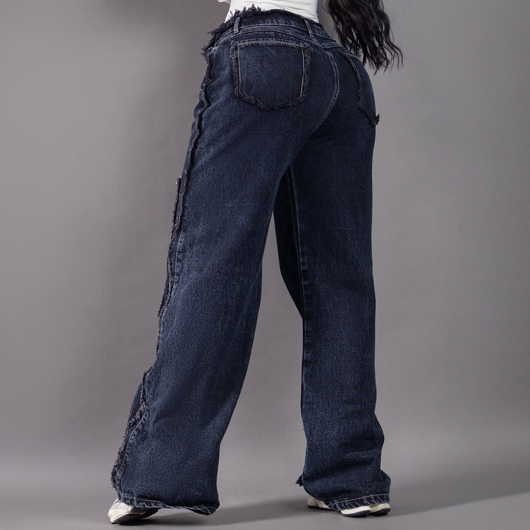 Jean Wide Leg Unravel Noir Cargo 8042-01
