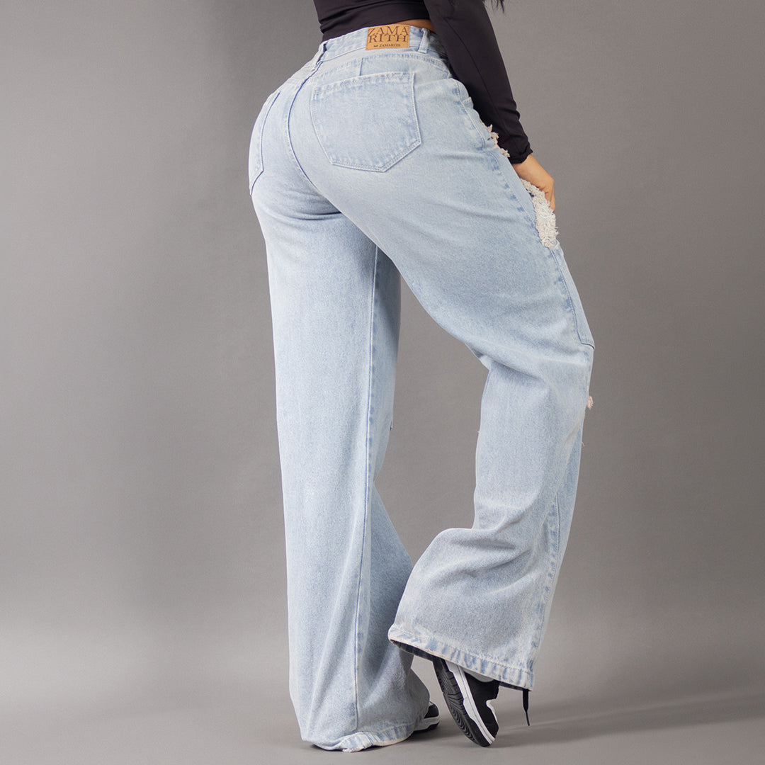 Jean Wide Leg Destroyed Denim Claro REF 8043