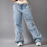 Jean Cargo Wide Leg Desflecado Azul Claro REF 8042