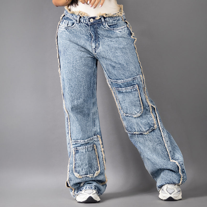 Jean Cargo Wide Leg Desflecado Azul Claro REF 8042