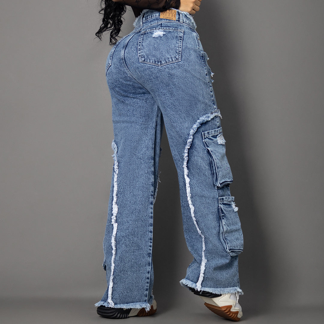 Jeans denim cargo azul ref 8035