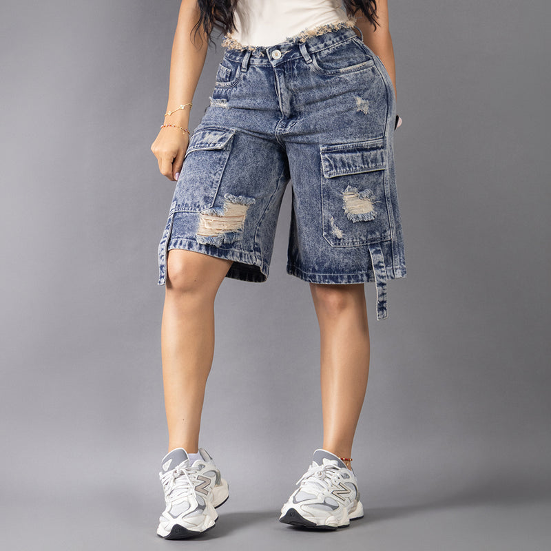 Jean Bermuda Cargo Destroyed Tiro Alto Azul REF 8040