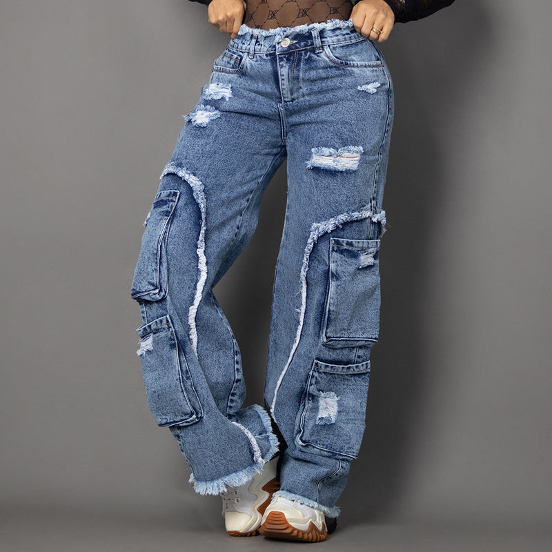 Jeans denim cargo azul ref 8035
