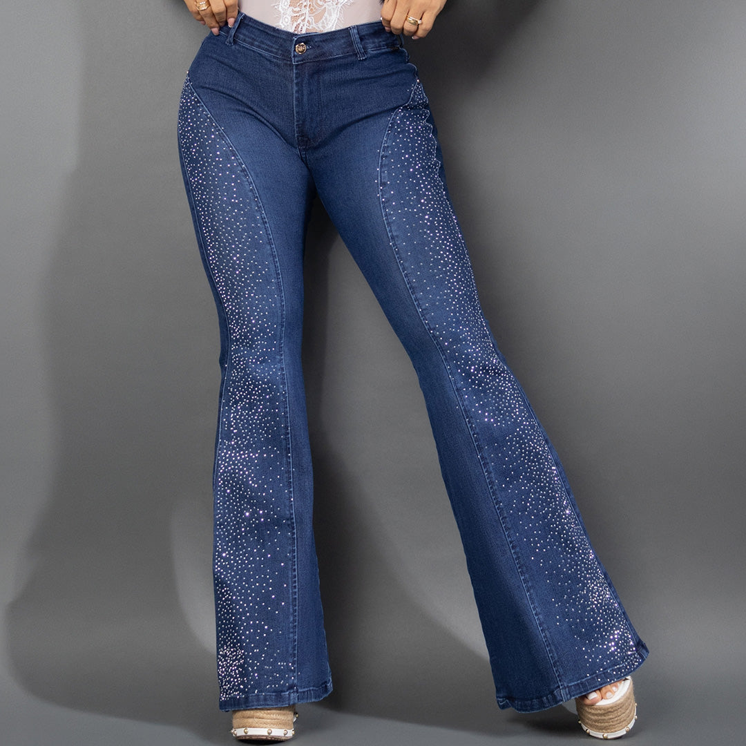 Jeans bota campana brillos 7012