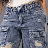 Jean Bermuda Cargo Destroyed Tiro Alto Azul REF 8040