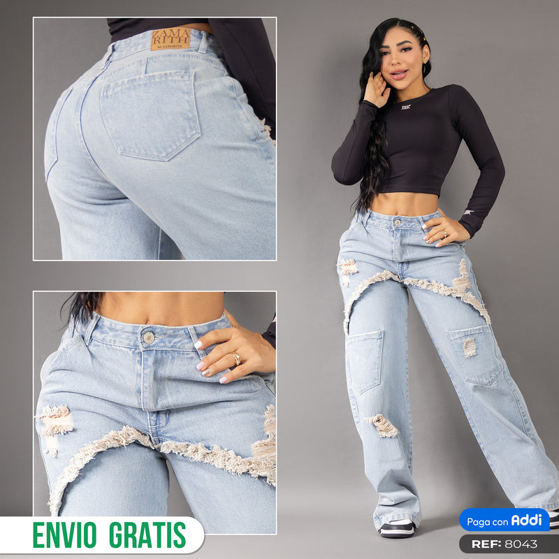 Jean Wide Leg Destroyed Denim Claro REF 8043
