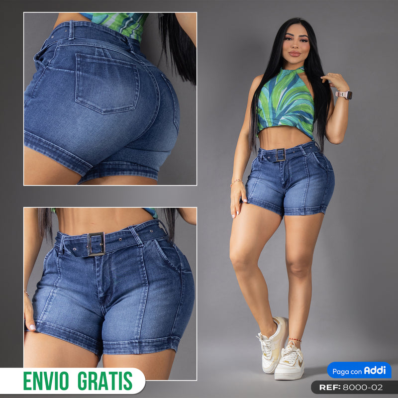 Short Jean Tiro Alto con Cinturón Azul Medio REF 8000-02