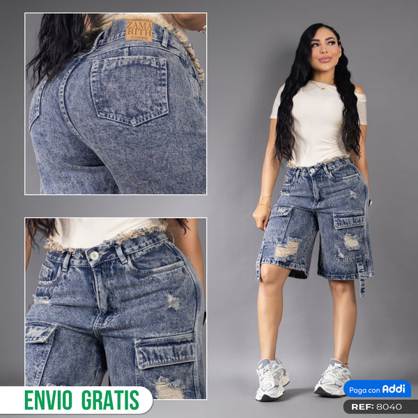 Jean Bermuda Cargo Destroyed Tiro Alto Azul REF 8040